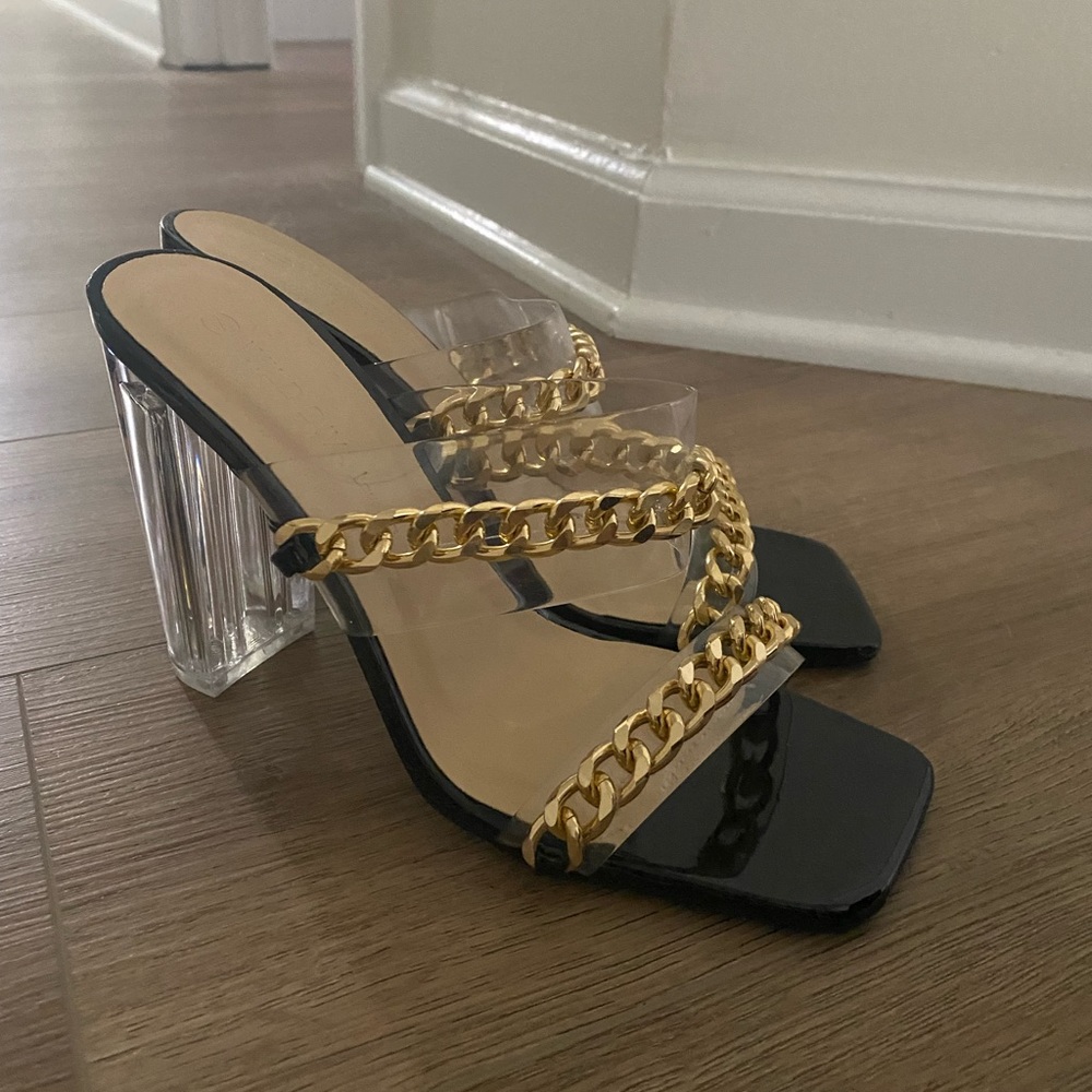 NWT acrylic and gold chain block heels